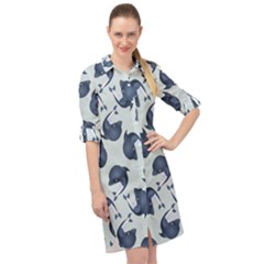 Blue Dolphins Pattern Long Sleeve Mini Shirt Dress by TetiBright