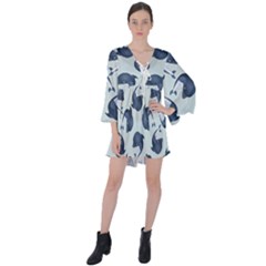 Blue Dolphins Pattern V-neck Flare Sleeve Mini Dress by TetiBright