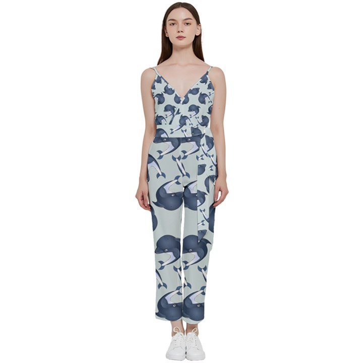 Blue Dolphins Pattern V-Neck Spaghetti Strap Tie Front Jumpsuit