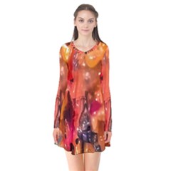 Multicolored Melted Wax Texture Long Sleeve V-neck Flare Dress by dflcprintsclothing