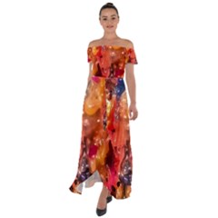 Multicolored Melted Wax Texture Off Shoulder Open Front Chiffon Dress by dflcprintsclothing