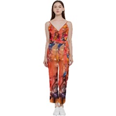 Multicolored Melted Wax Texture V-neck Spaghetti Strap Tie Front Jumpsuit by dflcprintsclothing