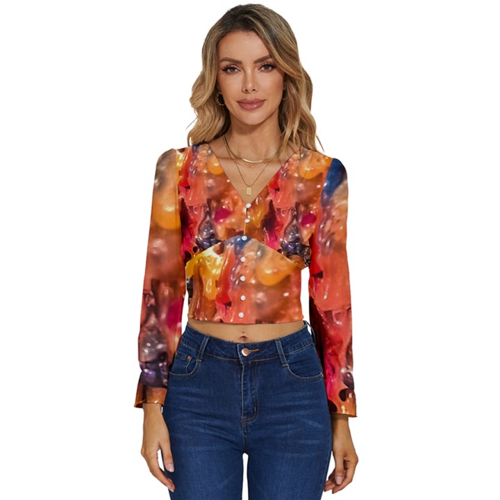 Multicolored Melted Wax Texture Long Sleeve V-Neck Top