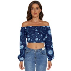 Flower Long Sleeve Crinkled Weave Crop Top