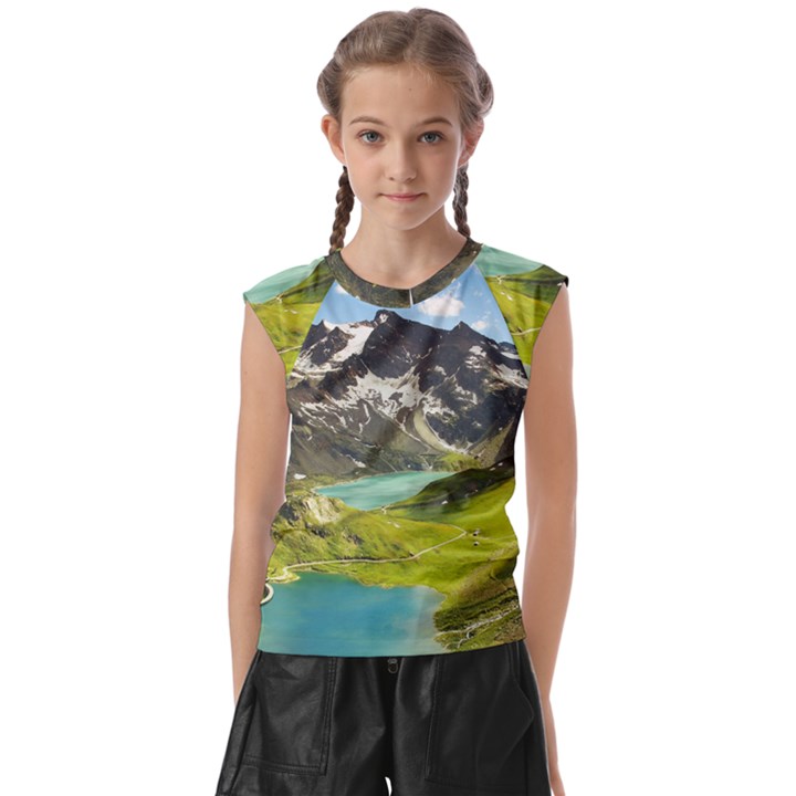 Aerial View Of Mountain And Body Of Water Kids  Raglan Cap Sleeve Tee