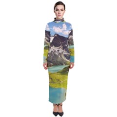 Aerial View Of Mountain And Body Of Water Turtleneck Maxi Dress by danenraven