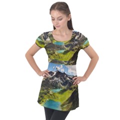 Aerial View Of Mountain And Body Of Water Puff Sleeve Tunic Top by danenraven