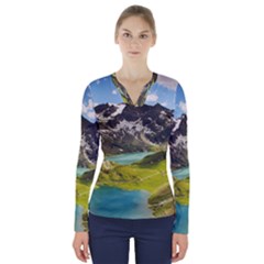 Aerial View Of Mountain And Body Of Water V-neck Long Sleeve Top by danenraven