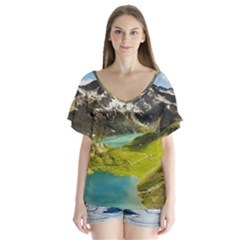 Aerial View Of Mountain And Body Of Water V-neck Flutter Sleeve Top by danenraven