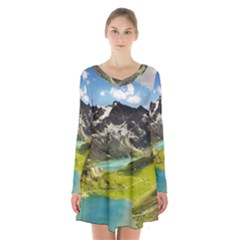 Aerial View Of Mountain And Body Of Water Long Sleeve Velvet V-neck Dress