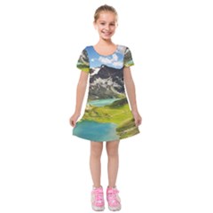 Aerial View Of Mountain And Body Of Water Kids  Short Sleeve Velvet Dress by danenraven