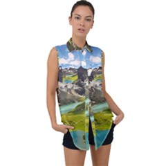 Aerial View Of Mountain And Body Of Water Sleeveless Chiffon Button Shirt