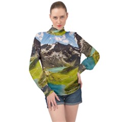 Aerial View Of Mountain And Body Of Water High Neck Long Sleeve Chiffon Top by danenraven