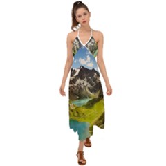 Aerial View Of Mountain And Body Of Water Halter Tie Back Dress  by danenraven