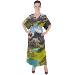 Aerial View Of Mountain And Body Of Water V-neck Boho Style Maxi Dress by danenraven