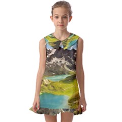 Aerial View Of Mountain And Body Of Water Kids  Pilgrim Collar Ruffle Hem Dress by danenraven