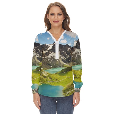 Aerial View Of Mountain And Body Of Water Zip Up Long Sleeve Blouse by danenraven