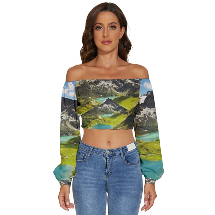 Aerial View Of Mountain And Body Of Water Long Sleeve Crinkled Weave Crop Top