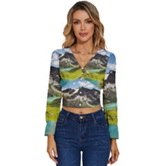 Aerial View Of Mountain And Body Of Water Long Sleeve V-neck Top by danenraven