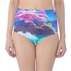 Fantasy Japan Mountains Cherry Blossoms Nature Classic High-waist Bikini Bottoms by Uceng