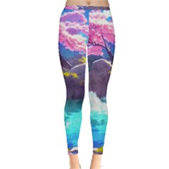 Fantasy Japan Mountains Cherry Blossoms Nature Inside Out Leggings by Uceng