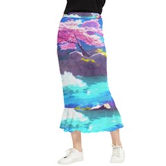 Fantasy Japan Mountains Cherry Blossoms Nature Maxi Fishtail Chiffon Skirt by Uceng