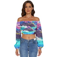 Fantasy Japan Mountains Cherry Blossoms Nature Long Sleeve Crinkled Weave Crop Top