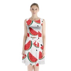 Watermelon Seamless Pattern Sleeveless Waist Tie Chiffon Dress