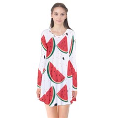 Watermelon Seamless Pattern Long Sleeve V-neck Flare Dress