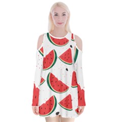 Watermelon Seamless Pattern Velvet Long Sleeve Shoulder Cutout Dress