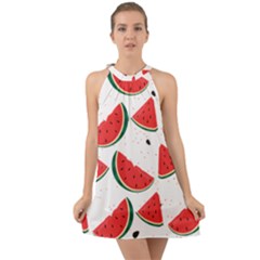 Watermelon Seamless Pattern Halter Tie Back Chiffon Dress