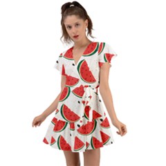 Watermelon Seamless Pattern Flutter Sleeve Wrap Dress