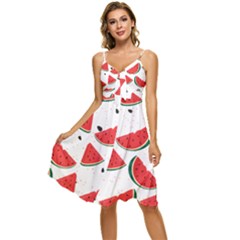 Watermelon Seamless Pattern Sleeveless Tie Front Chiffon Dress