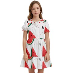 Watermelon Seamless Pattern Kids  Puff Sleeved Dress