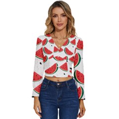 Watermelon Seamless Pattern Long Sleeve V-neck Top