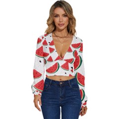 Watermelon Seamless Pattern Long Sleeve Deep-v Velour Top