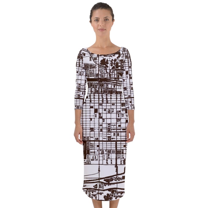 Antique Oriental Town Map  Quarter Sleeve Midi Bodycon Dress