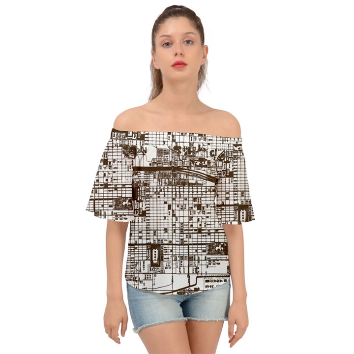 Antique Oriental Town Map  Off Shoulder Short Sleeve Top