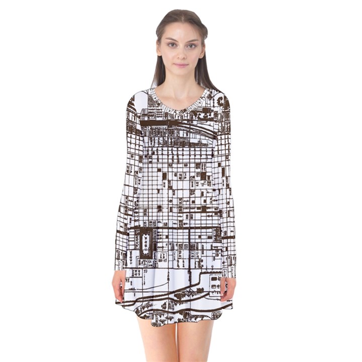 Antique Oriental Town Map  Long Sleeve V-neck Flare Dress