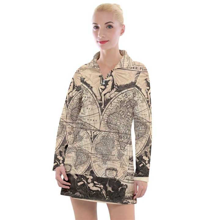 World Map - Nova delineatio totius orbis terrarum -  1659-1733 Women s Long Sleeve Casual Dress