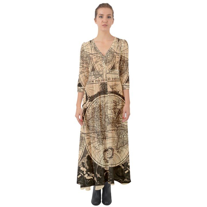 World Map - Nova delineatio totius orbis terrarum -  1659-1733 Button Up Boho Maxi Dress