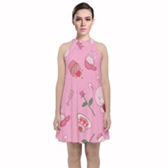 Valentine Pattern Velvet Halter Neckline Dress 