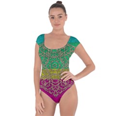 Rainbow Landscape With A Beautiful Silver Star So Decorative Short Sleeve Leotard  by pepitasart