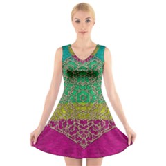 Rainbow Landscape With A Beautiful Silver Star So Decorative V-neck Sleeveless Dress by pepitasart