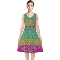 Rainbow Landscape With A Beautiful Silver Star So Decorative V-neck Midi Sleeveless Dress  by pepitasart