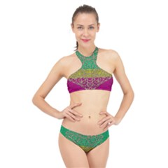 Rainbow Landscape With A Beautiful Silver Star So Decorative High Neck Bikini Set by pepitasart