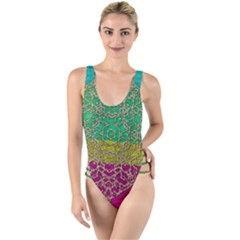 Rainbow Landscape With A Beautiful Silver Star So Decorative High Leg Strappy Swimsuit by pepitasart