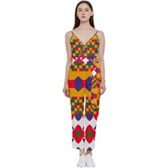  red Flowers And Colorful Squares                                                         	v-neck Spaghetti Strap Tie Front Jumpsuit