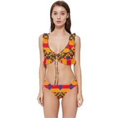 Red Flowers And Colorful Squares                                                          Low Cut Ruffle Edge Bikini Set