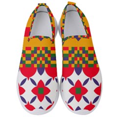 Red Flowers And Colorful Squares                                                                 Men s Slip On Sneakers by LalyLauraFLM